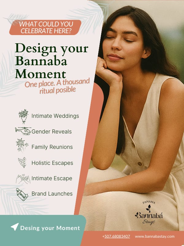 Promotional flyer for Bannaba House featuring a serene woman in a white dress with eyes closed. Text invites viewers to “Design your Bannaba Moment” and lists celebrations like weddings, gender reveals, family gatherings, and reconnection getaways. Includes the tagline “One place. A thousand rituals possible” and a green call-to-action button: “Design your moment →